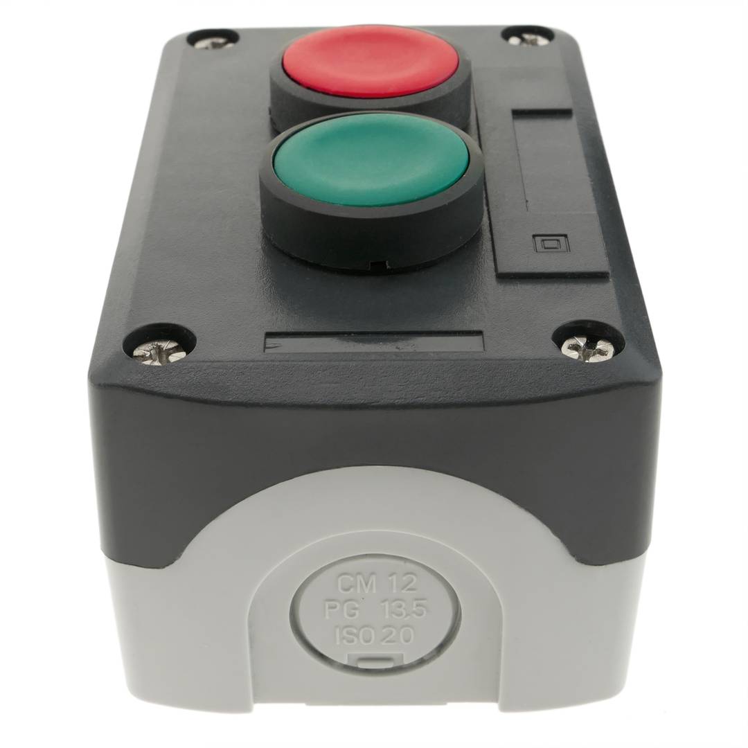 Boîtier de commande gris/noir avec 2 boutons poussoirs momentanés vert 1NO rouge 1NF