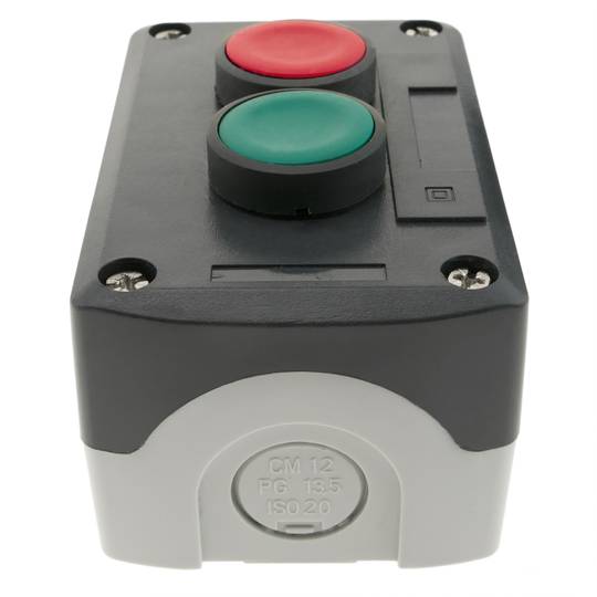 Boîtier de commande gris/noir avec 2 boutons poussoirs momentanés vert 1NO rouge 1NF
