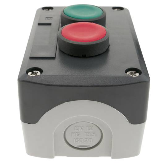 Boîtier de commande gris/noir avec 2 boutons poussoirs momentanés vert 1NO rouge 1NF