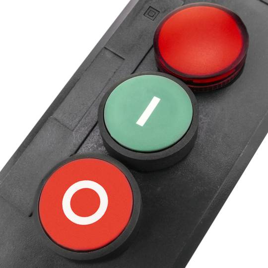 Caixa de control amb 2 polsadors momentanis verd 1NO vermell 1NC amb llum pilot i símbols