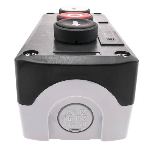 Caixa de controle preta com 3 botões momentâneos com setas 2NO e stop 1NC