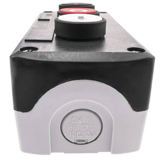 Caixa de controle preta com 3 botões momentâneos com setas 2NO e stop 1NC