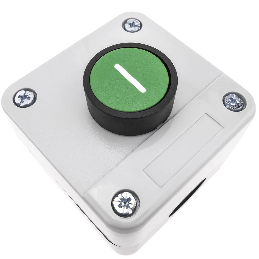 Boîtier de commande gris/noir avec 2 boutons poussoirs momentanés vert 1NO  rouge 1NF avec symboles - Cablematic