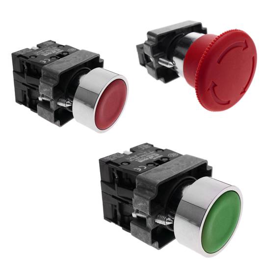 Caja de control con dos pulsadores momentáneos 22mm 1NO 1NC 400V 10A y parada de emergencia