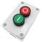 Caja de control gris/blanco con 2 pulsadores momentáneos verde 1NO rojo 1NC con símbolos