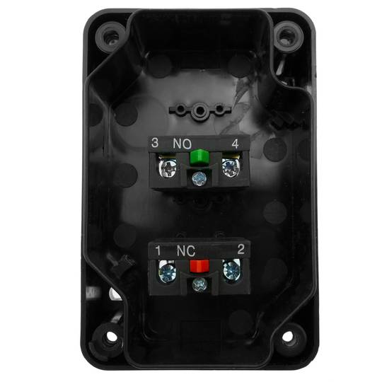Caja de control gris/blanco con 2 pulsadores momentáneos verde 1NO rojo 1NC con símbolos