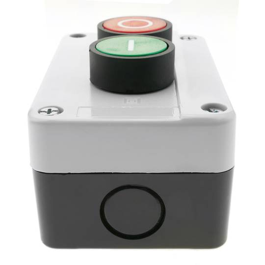 Caja de control gris/blanco con 2 pulsadores momentáneos verde 1NO rojo 1NC con símbolos