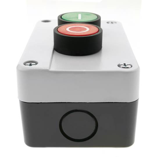 Caja de control gris/blanco con 2 pulsadores momentáneos verde 1NO rojo 1NC con símbolos