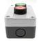Caja de control gris/blanco con 2 pulsadores momentáneos verde 1NO rojo 1NC con símbolos