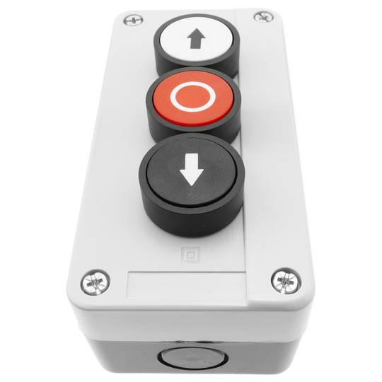 Boîte de commande grise avec 3 boutons poussoirs momentanés con frecce 2NO et stop 1NC