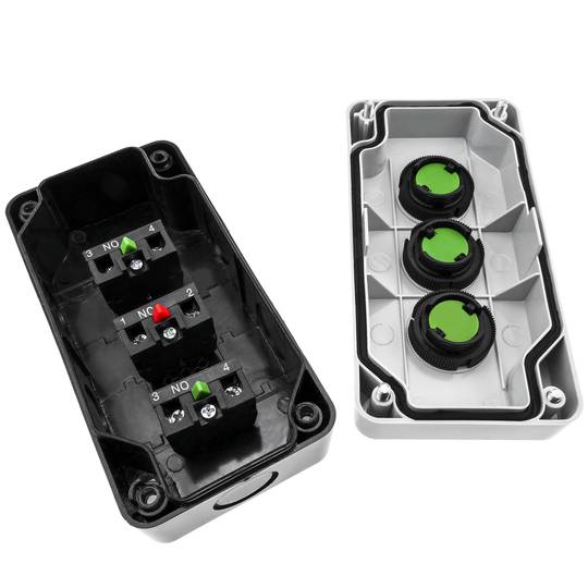 Caja de control con 3 pulsadores momentáneos verde 1NO rojo 1NC con símbolos