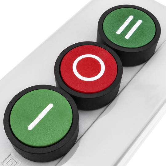 Caja de control con 3 pulsadores momentáneos verde 1NO rojo 1NC con símbolos