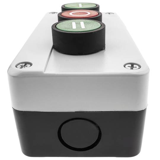 Caja de control con 3 pulsadores momentáneos verde 1NO rojo 1NC con símbolos