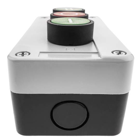 Caja de control con 3 pulsadores momentáneos verde 1NO rojo 1NC con símbolos