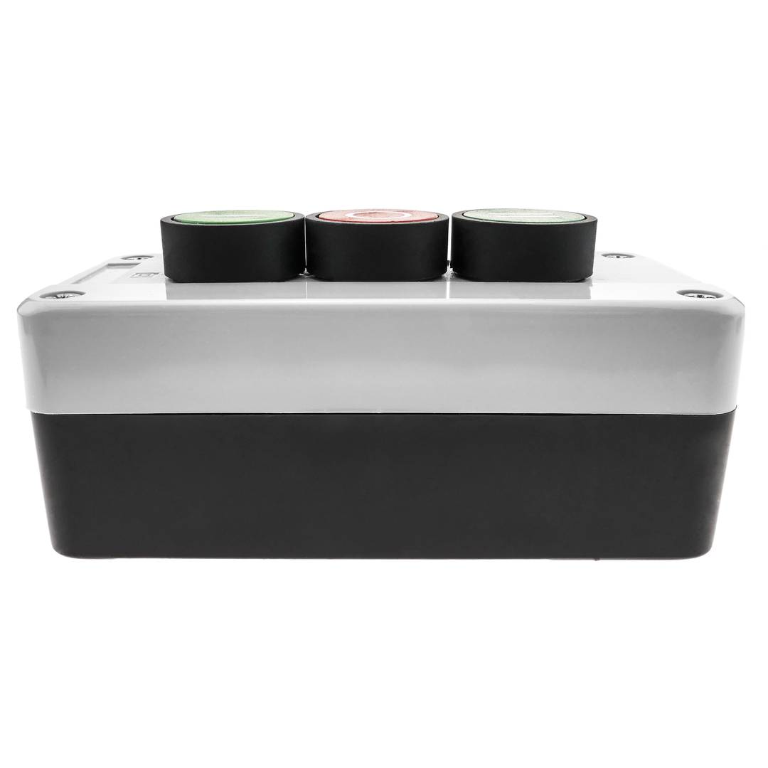 Caja de control con 3 pulsadores momentáneos verde 1NO rojo 1NC con símbolos