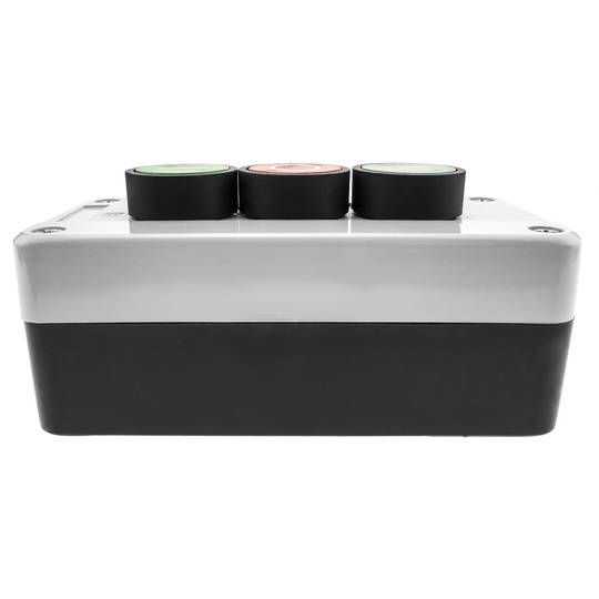 Caja de control con 3 pulsadores momentáneos verde 1NO rojo 1NC con símbolos