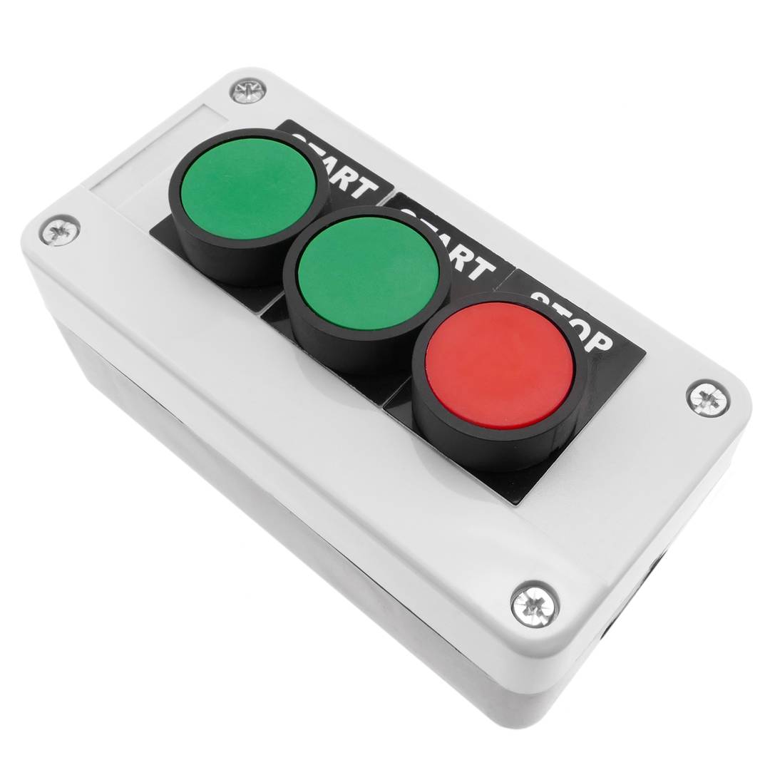 Boîte de commande avec 3 boutons poussoirs momentanés vert 1NO rouge 1NC  avec symboles