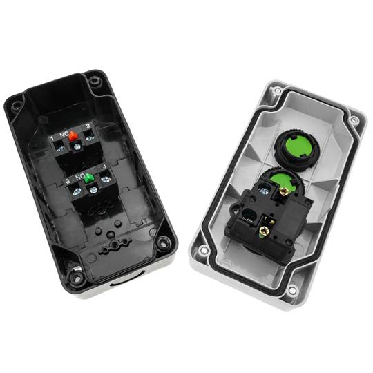 Caixa de controle com 2 botões momentâneos verde 1NO vermelho 1NC com luz LED