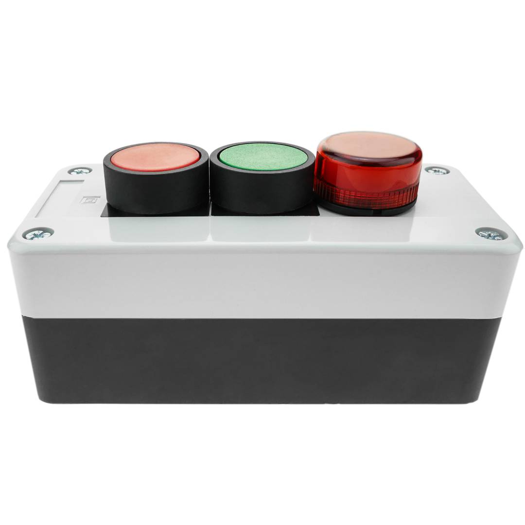 Caixa de controle com 2 botões momentâneos verde 1NO vermelho 1NC com luz LED