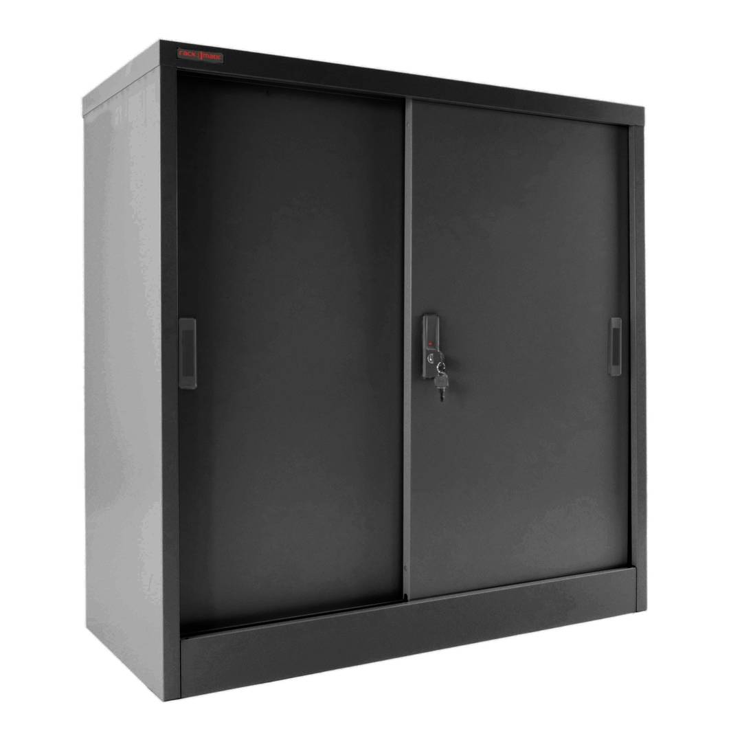 Casellario di metallo dell’ufficio con porte scorrevoli 900x900x400mm nero RackMatic
