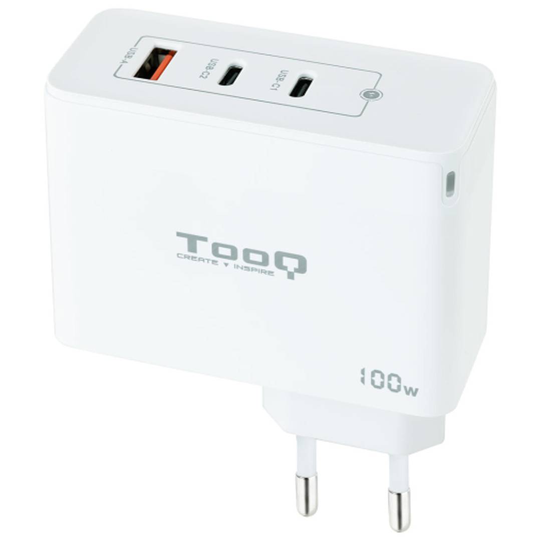 Caricabatterie con 2 porte USB-C/PD e USB-A/QC da 100W colore bianco TooQ TQWC-GANQC2PD100W