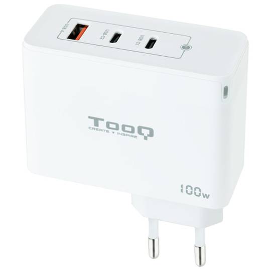 Caricabatterie con 2 porte USB-C/PD e USB-A/QC da 100W colore bianco TooQ TQWC-GANQC2PD100W