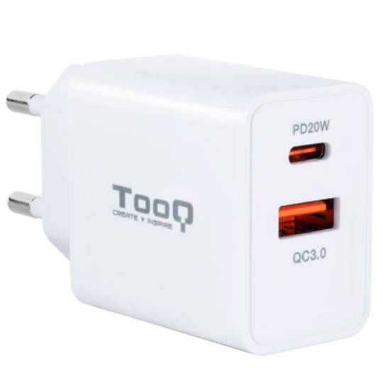 Chargeur avec port USB-C/PD 20W, couleur blanche 18W USB-A/QC TooQ TQWC-2SC04WT