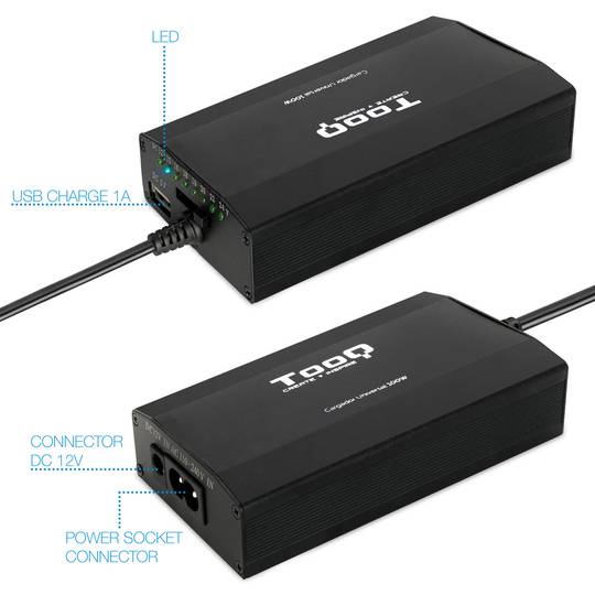 Carregador universal para laptops e outros dispositivos com 12 conectores intercambiáveis de 100 W DC, preto TooQ TQLC-100BS01M