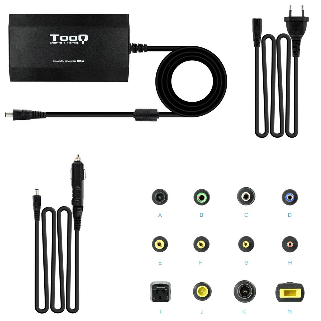 Carregador universal para laptops e outros dispositivos com 12 conectores intercambiáveis de 100 W DC, preto TooQ TQLC-100BS01M