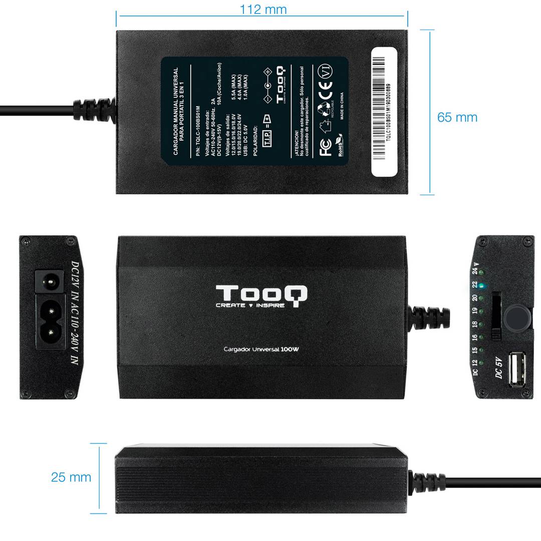 Carregador universal para laptops e outros dispositivos com 12 conectores intercambiáveis de 100 W DC, preto TooQ TQLC-100BS01M
