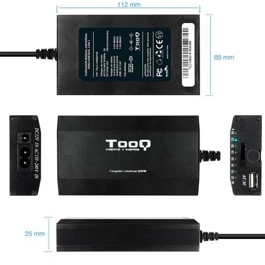 Carregador universal para laptops e outros dispositivos com 12 conectores intercambiáveis de 100 W DC, preto TooQ TQLC-100BS01M