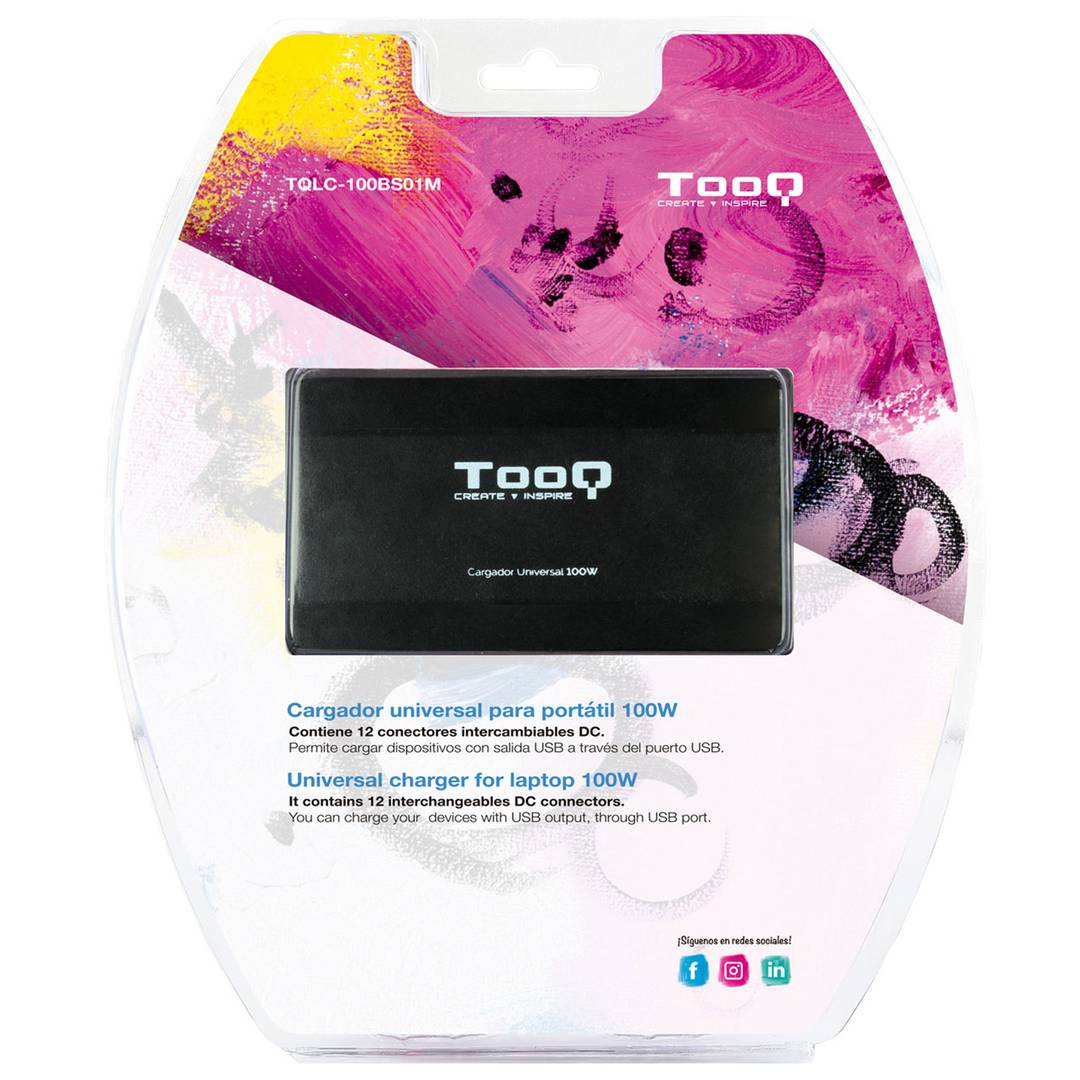 Carregador universal para laptops e outros dispositivos com 12 conectores intercambiáveis de 100 W DC, preto TooQ TQLC-100BS01M