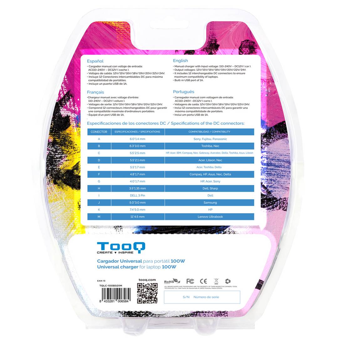 Carregador universal para laptops e outros dispositivos com 12 conectores intercambiáveis de 100 W DC, preto TooQ TQLC-100BS01M