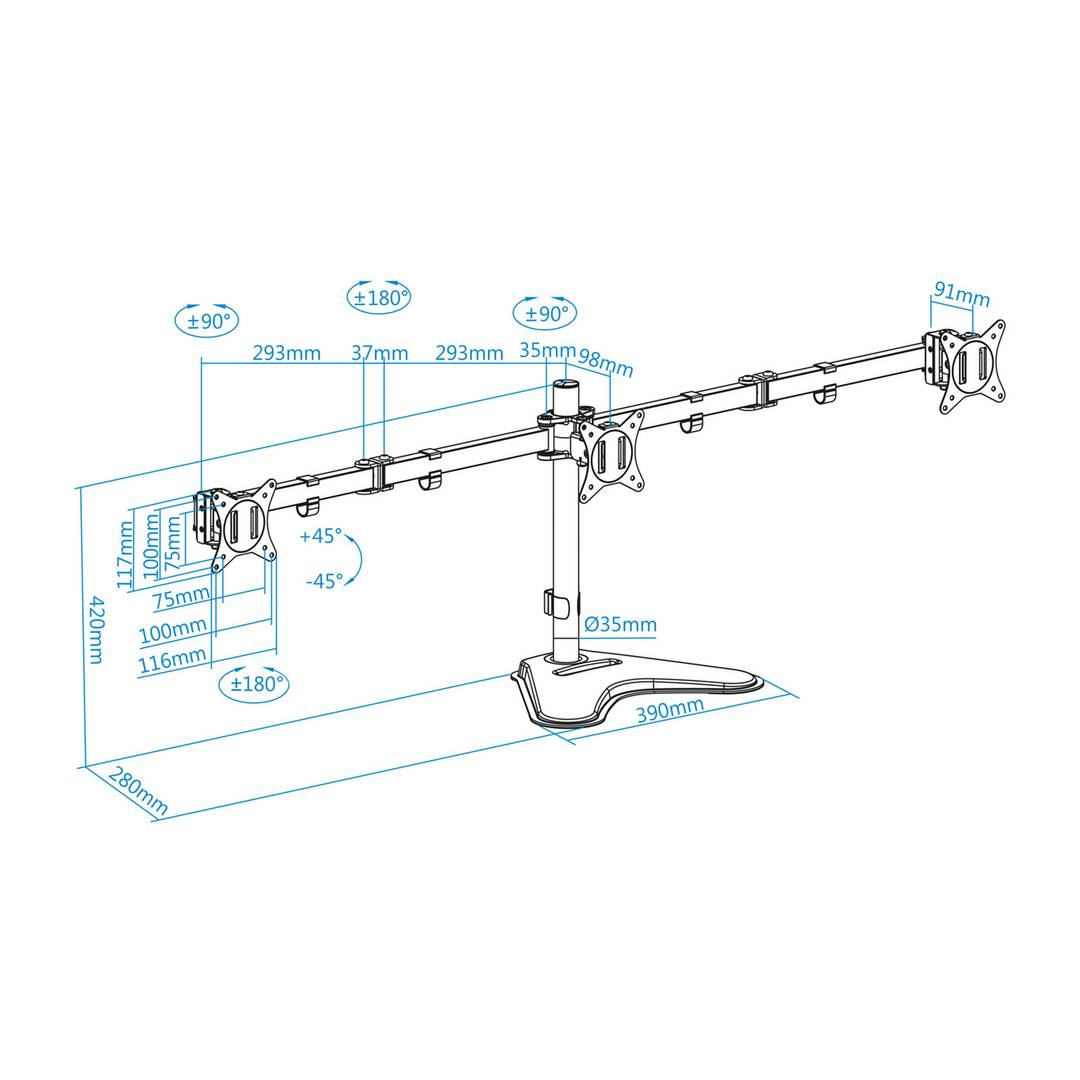 Suporte de mesa com base para 3 telas até 27