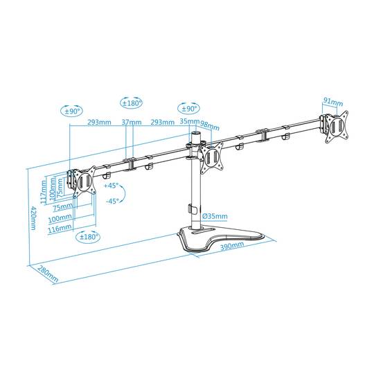 Suporte de mesa com base para 3 telas até 27