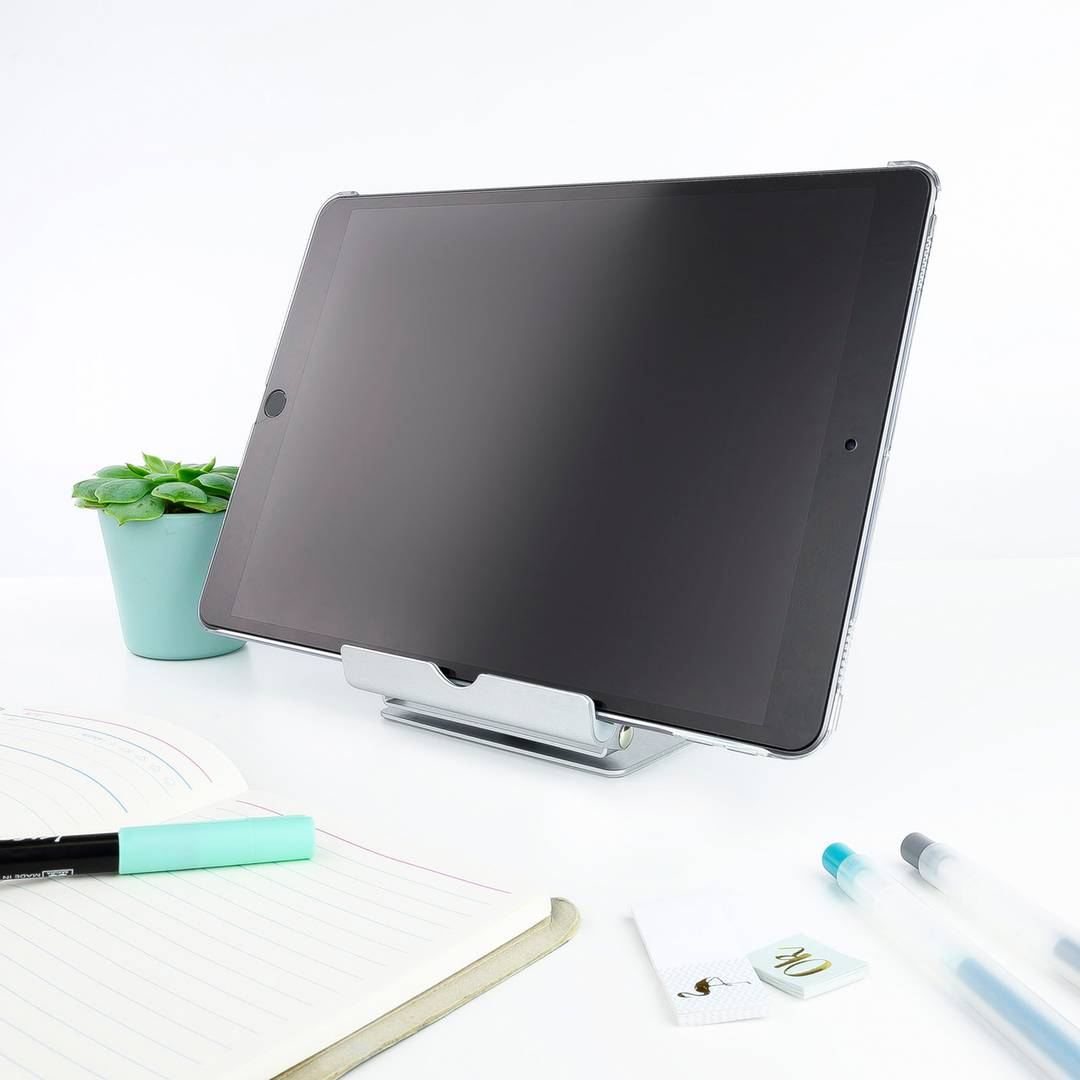 Silver aluminum riser support for smartphones and tablets up to 10