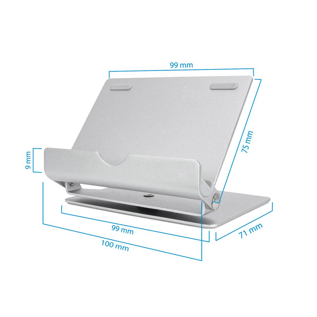 Silver aluminum riser support for smartphones and tablets up to 10