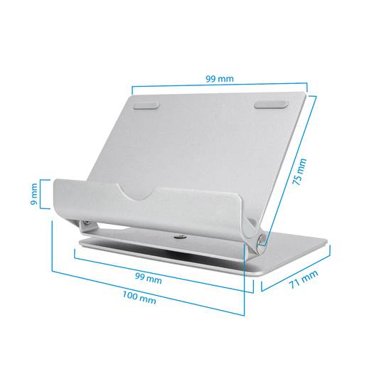 Silver aluminum riser support for smartphones and tablets up to 10
