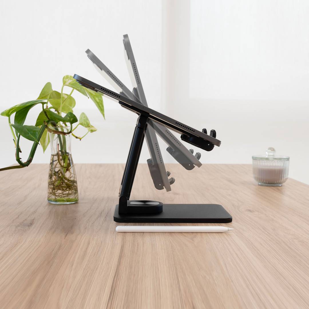 Black aluminum riser support for smartphones and tablets up to 12.9