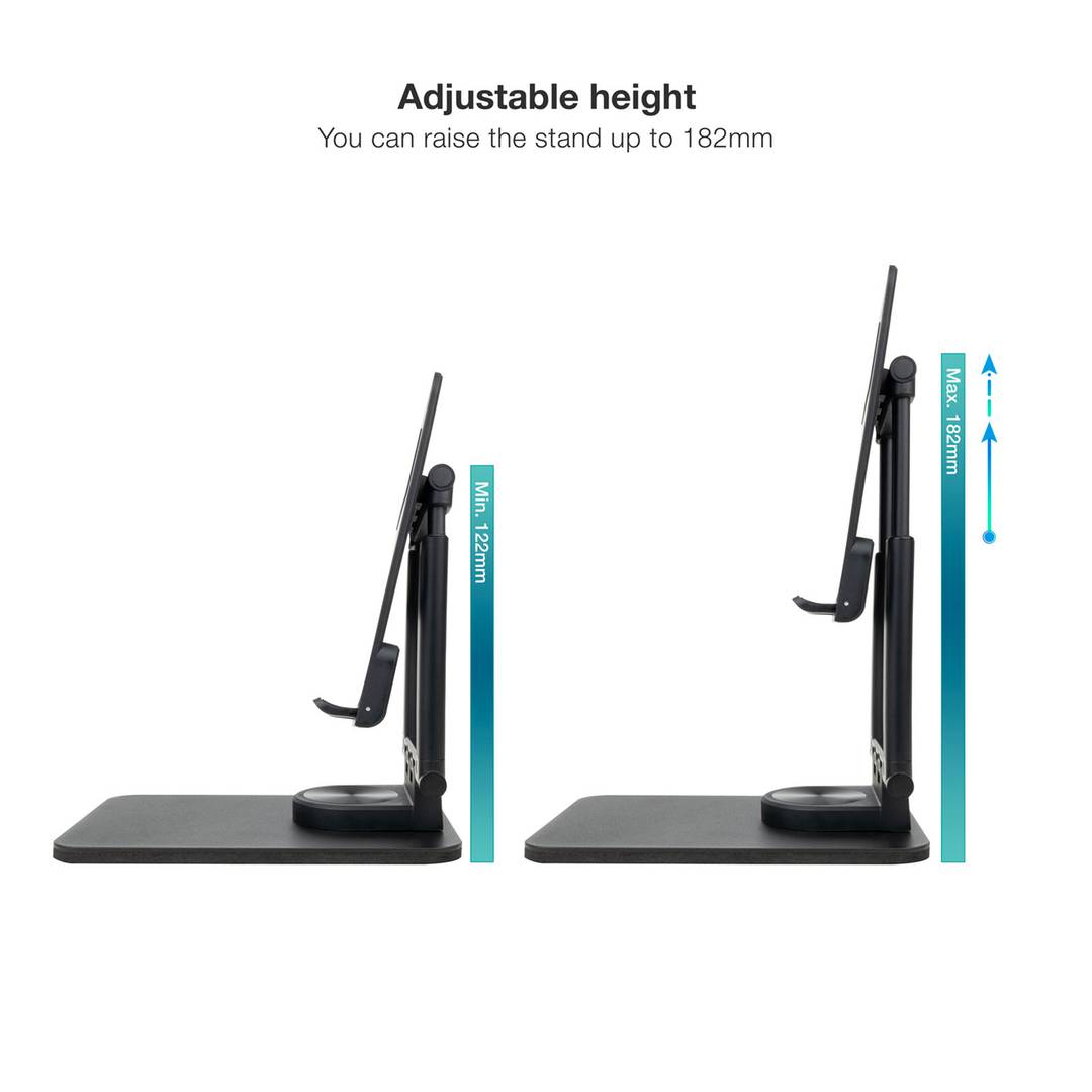 Black aluminum riser support for smartphones and tablets up to 12.9