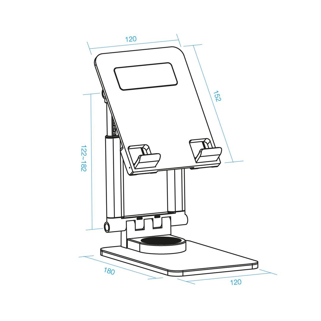 Black aluminum riser support for smartphones and tablets up to 12.9