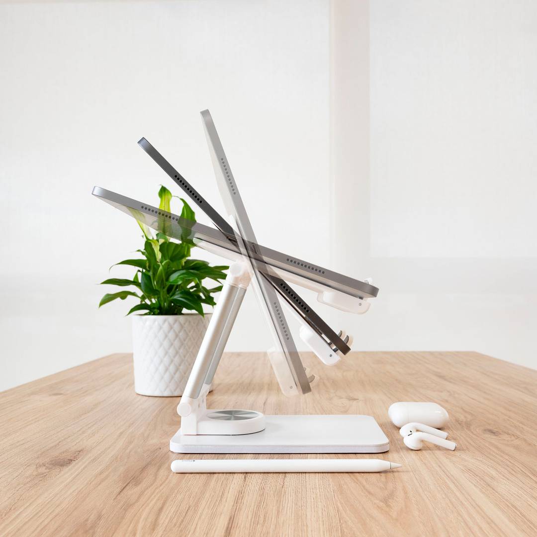 White aluminum riser support for smartphones and tablets up to 12.9