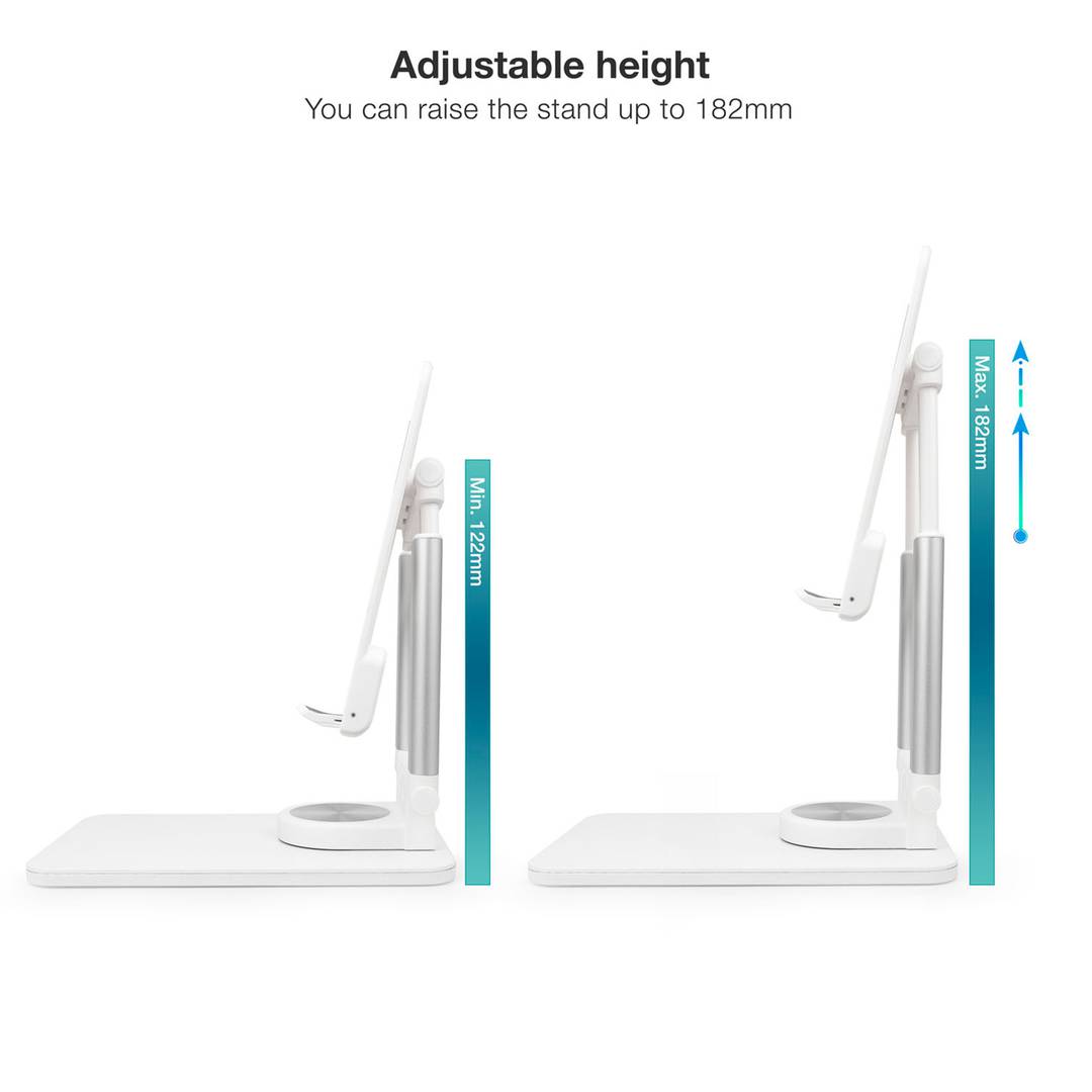 White aluminum riser support for smartphones and tablets up to 12.9