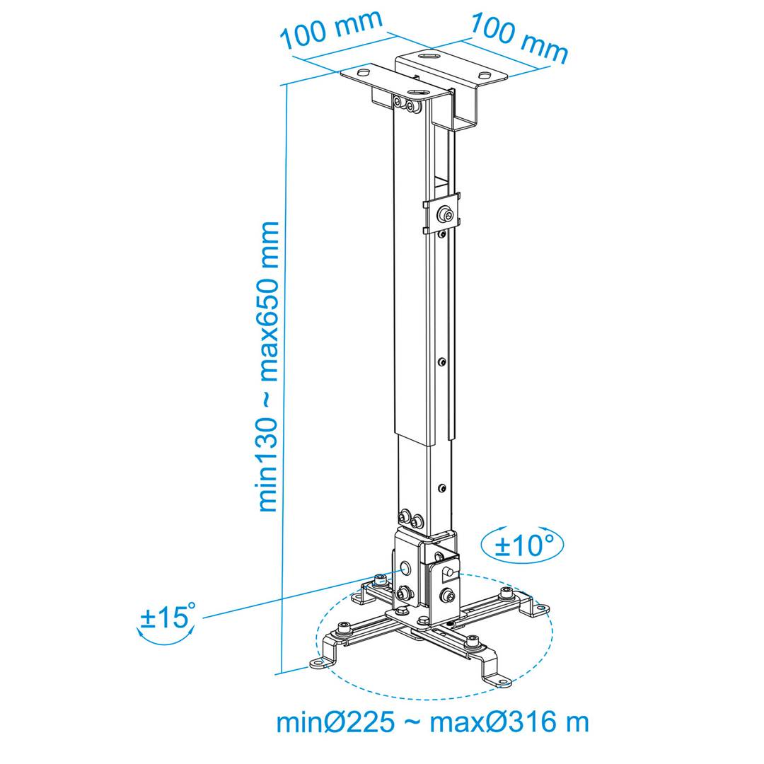 Plafondsteun met mast 13cm 43cm 65cm voor projector 20 Kg zwart