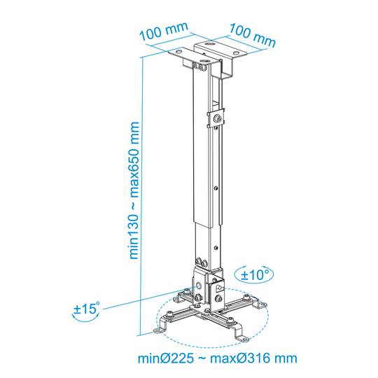 Suporte de teto com mastro 13cm 43cm 65cm para projetor 20 Kg prata
