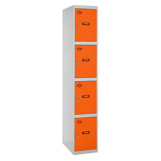 Metalowa szafa magazynowa 1 moduł z 4 przegrodami 1800 x 300 x 500 mm firmy RackMatic w kolorze szarym i pomarańczowym