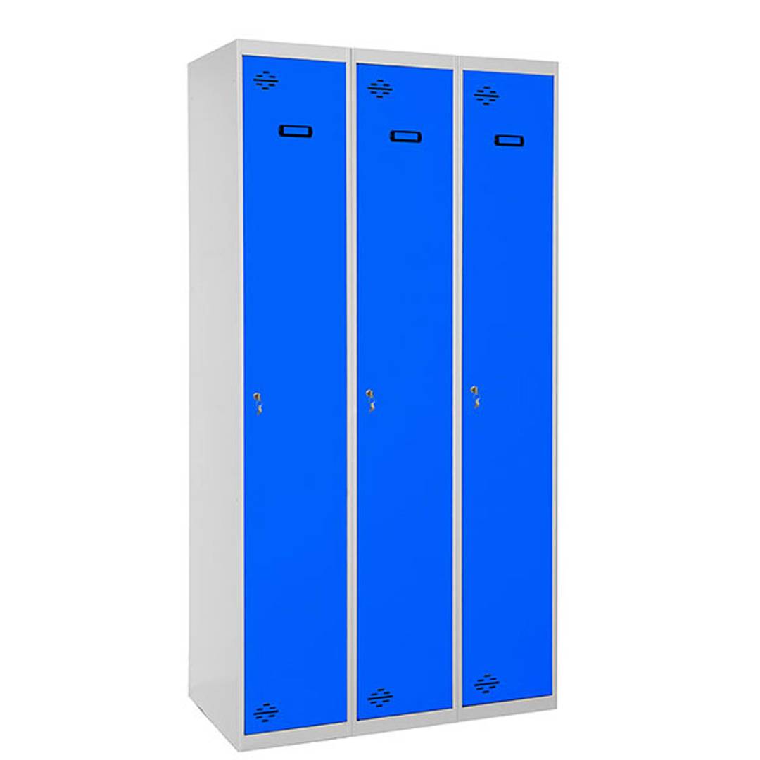 Taquilla consigna de metall de 3 mòduls de 1 compartiments 1800 x 900 x 500 mm de Simonrack color gris i blau