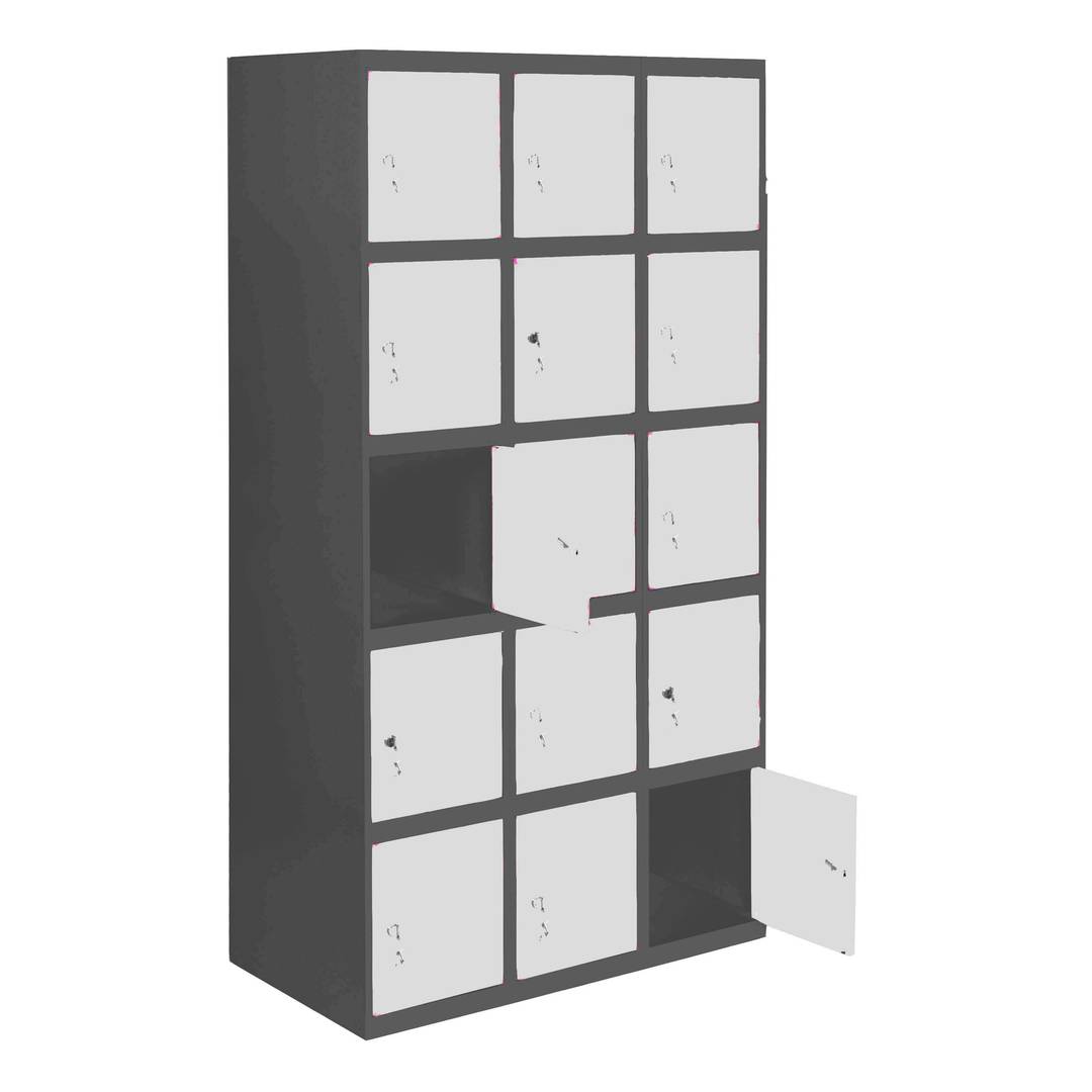 Metalowa szafka magazynowa z 3 modułami i 5 przegrodami 1800 x 900 x 500 mm firmy RackMatic w kolorze antracytowym i białym