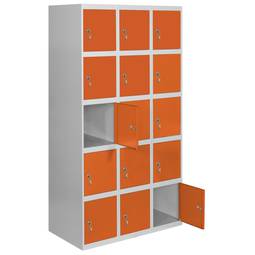 Taquilla consigna de metal de 3 módulos de 5 compartimentos 1800 x 900 x 500 mm Simonlocker Simonrack color gris y naranja