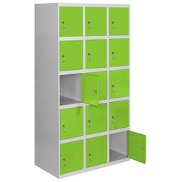 Taquilla consigna de metal de 3 módulos de 5 compartimentos 1800 x 900 x 500 mm Simonlocker Simonrack color gris y verde